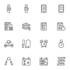 Sport and health line icons set, outline vector symbol collection, linear style pictogram pack. Signs, logo illustration. Set includes icons as heartbeat rate, cardio pulse, dieting plan, fitness