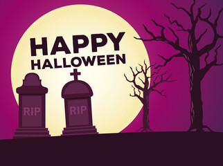 happy halloween celebration card with moon night in cemetery scene