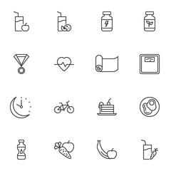 Fototapeta premium Sport nutrition line icons set, outline vector symbol collection, linear style pictogram pack. Signs, logo illustration. Set includes icons as healthy food, fruit juice glass, yoga matt, vegetable