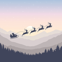 Fototapeta na wymiar christmas banner santa claus in a sleigh with reindeer by full moon vector illustration EPS10