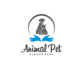 Care Pets Logo dog cat design vector template. Animals Veterinary clinic Logotype concept outline icon.