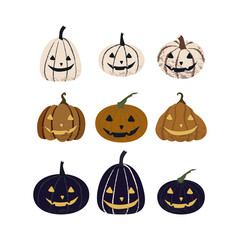 Vector Halloween illustration of carved pumpkins. Collection of pale white, dark violet and orange jack-o-lanterns isolated on white background. 