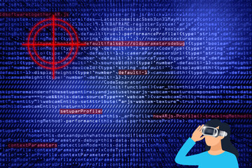 VR AR Concept. Looking through lens with code in the background. Concept of bugs and errors in code.