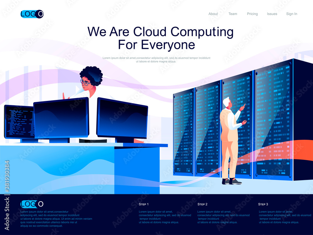 Leinwandbilder we are cloud computing for everyone isometric landing page. hosting platform, big data processing is