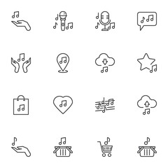 Fototapeta premium Sound and music line icons set, outline vector symbol collection, linear style pictogram pack. Signs, logo illustration. Set includes icons as karaoke microphone, radio mic, favorite music store chat