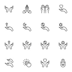 Naklejka premium Religious pray line icons set, outline vector symbol collection, linear style pictogram pack. Signs, logo illustration. Set includes icons as praying hands, judaism, christianity, islam, buddhism