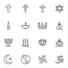 Religion related line icons set, outline vector symbol collection, linear style pictogram pack. Signs, logo illustration. Set includes icons as crucifix cross, david star church, mosque, candles