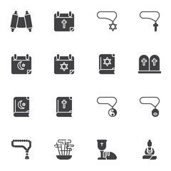 Religion vector icons set, modern solid symbol collection, filled style pictogram pack. Signs, logo illustration. Set includes icons as holy bibble, islamic quran book, rosary beads, Hebrew Bible