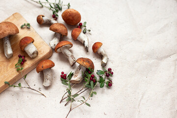 composition with forest mushrooms, flatlay