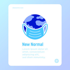 New normal: planet Earth in surgical mask thin line icon. Global infection of Covid-19. Vector illustration.