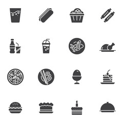 Restaurant food vector icons set, modern solid symbol collection, filled style pictogram pack. Signs, logo illustration. Set includes icons as seafood, fast food, dessert, sushi roll, breakfast, drink