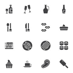 Food and drink vector icons set, modern solid symbol collection, filled style pictogram pack. Signs, logo illustration. Set includes icons as wine bottle, sushi roll seafood, dessert cake, beef steak