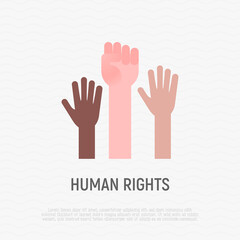 Human rights flat icon. Raised hands. Tolerance, protest, anti-racism movement. Vector illustration.