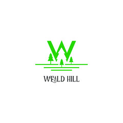 Modern pine trees wead hill vector in green color. Nature logo template. Icon and element of landscape idea