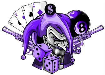 Joker card with gun and ace. vector illustration - obrazy, fototapety, plakaty