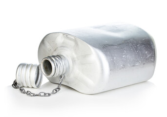 Old army aluminum flask isolated on a white background.