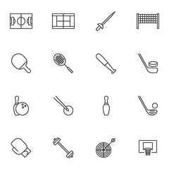 Sports equipment line icons set, outline vector symbol collection, linear style pictogram pack. Signs, logo illustration. Set includes icons as tennis racquet, baseball bat, hockey stick, boxing glove