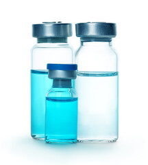 Medicine bottle for injection, medical glass vial isolated on a white background. Coronavirus concept.