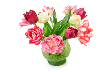 Tulips in a flower vase isolated on white background.