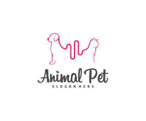 Pet Pulse Logo dog cat design vector template. Animals Veterinary clinic Logotype concept outline icon.