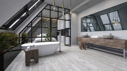 Fototapeta na wymiar Modern apartment interior with bathroom and bathtub
