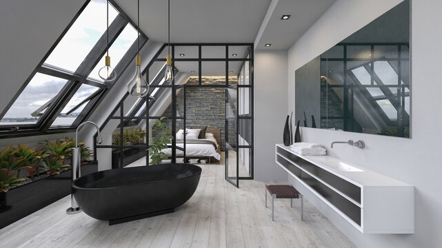 Modern apartment interior with bathroom and bathtub