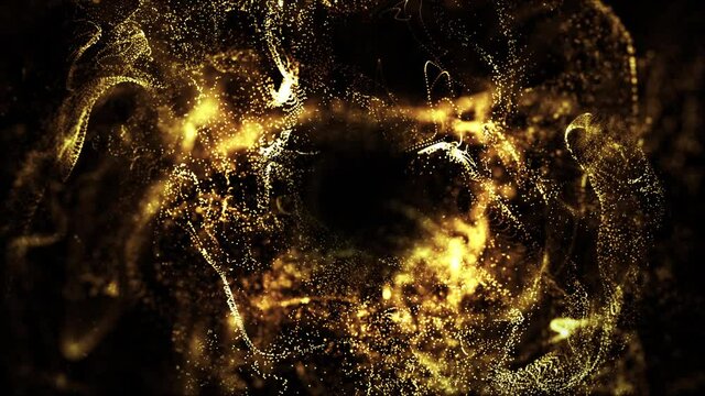 golden particles shining stars dust bokeh glitter awards dust abstract background. Futuristic glittering in space on black background.	