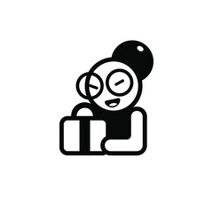 Smiling cheerful adult woman with gift box. Cute elderly woman with a present. Contemporary black and white flat web icon, cartoon modern concept design. Stock vector image.