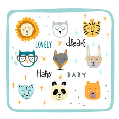 Set of cute animal faces. Creative animal print owl, cheetah and rainbow, lettering dreams. Vector Illustration for scandinavian design card, print on clothes.