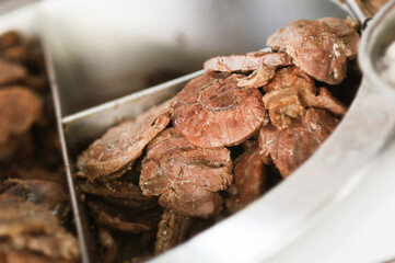 Stewed beef in a boiling pot. Selective focus