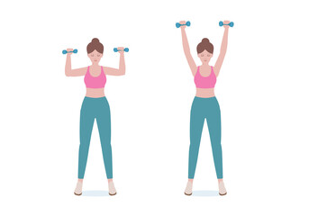 Woman doing exercises a dumbbell. woman in pink shirt and a blue Long legs. Step by step...