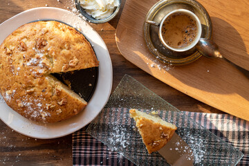 Breakfast in sunny summer morning