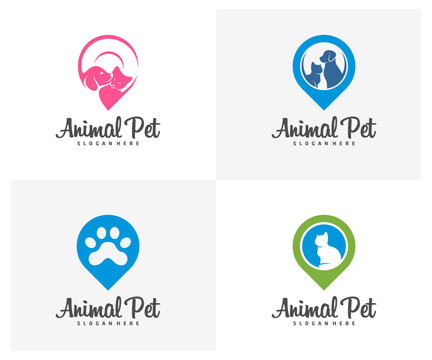 Set of Point Pet Logo dog cat design vector template. Animals Veterinary clinic Logotype concept outline icon.