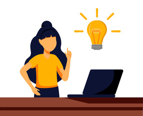 Cute businesswoman working on her laptop holding up his index finger and creating a new idea. Shiny light bulb. Business idea concept. Modern vector illustration.