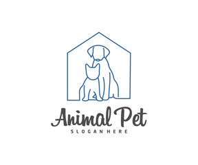 Pet Home Logo dog cat design vector template. Animals Veterinary clinic Logotype concept outline icon.
