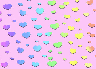 Multicolored gradient hearts on a pink background. Pastel palette, shades of grey, multicolored horizontal picture.