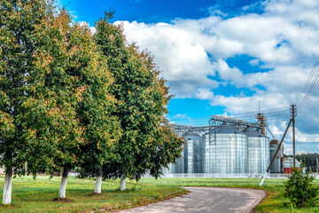 Industrial complex of storage tanks cultivated agricultural crops processing plant. Industrial elevator dryers, building exterior, storage and drying of cereals, corn, soybeans, sunflowers. Film grain
