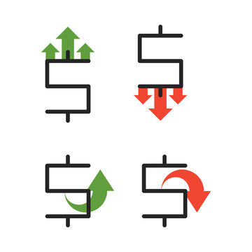 US Dollar With Up And Down Arrow.  Concept Of Rising And Falling Currency Value. Flat Style. Isolated On White Background. 