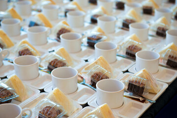 row of coffee kitcenware and bakery prepare for meeting break