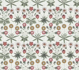 Beautiful fabric William Morris realistic isolated flowers Seamless. Vintage background pattern. Chamomile dandelion wildflowers set. Wallpaper baroque. Drawing engraving Vector victorian Illustration - 381937357