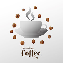 international coffee day poster with ceramic cup and beans in gray background