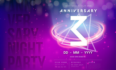 3 years anniversary logo template on purple Abstract futuristic space background. 3rd modern technology design celebrating numbers with Hi-tech network digital technology concept design elements.