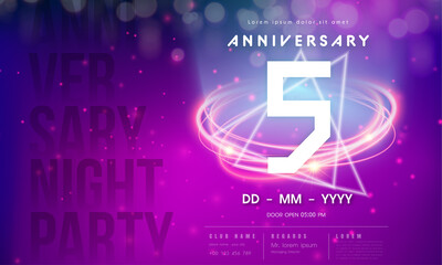 5 years anniversary logo template on purple Abstract futuristic space background. 5th modern technology design celebrating numbers with Hi-tech network digital technology concept design elements.