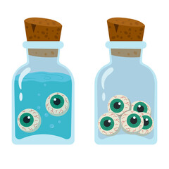 Green eyes in jars with and without liquid. Eyes in jars isolated on a white background. Stock vector illustration. Illustration for the holiday Halloween.