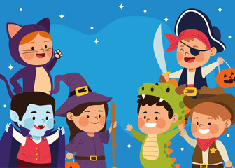 Fototapeta premium cute little kids dressed as a differents characters at night scene