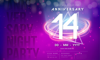 14 years anniversary logo template on purple Abstract futuristic space background. 14th modern technology design celebrating numbers with Hi-tech network digital technology concept design elements.