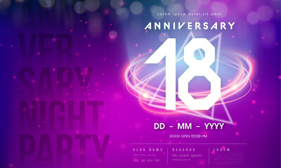 Fototapeta premium 18 years anniversary logo template on purple Abstract futuristic space background. 18th modern technology design celebrating numbers with Hi-tech network digital technology concept design elements.