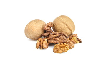 Whole and kernels walnuts isolated on white background