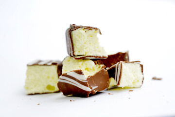 Dark chocolate covered spongy banana cream