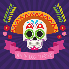 dia de los muertos celebration poster with skull head and ribbon frame